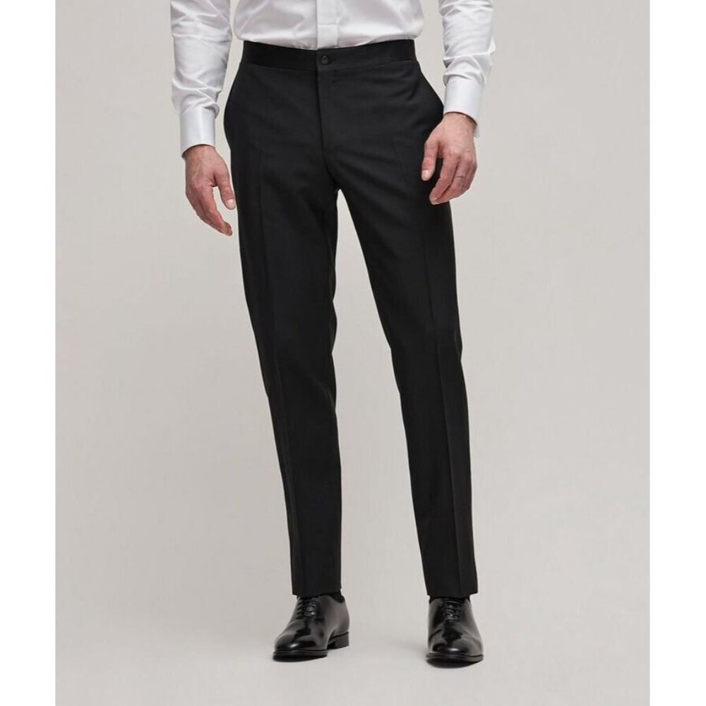 NWOT Men's CANALI Black Travel Wool Mohair Satin-Trimmed Tuxedo Pants, Size 46R - Picture 2 of 16